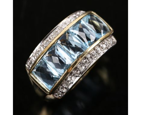 A modern topaz and diamond dress ring, unmarked gold settings, setting height 10.9mm, size P, 4.1gRing is bent and shank is o