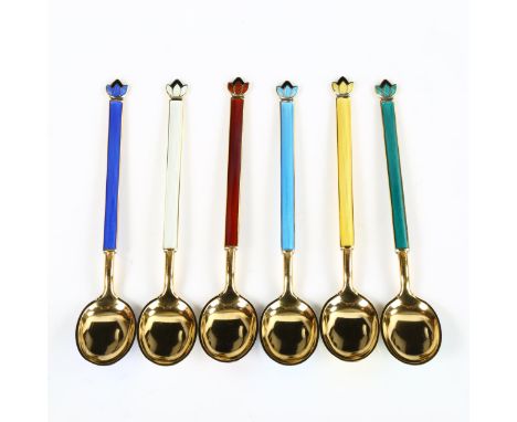 DAVID ANDERSEN - a set of 6 Danish vermeil sterling silver and harlequin enamel coffee spoons, with enamelled bowl back, leng