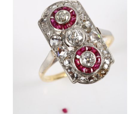 An Art Deco ruby and diamond cluster panel ring, unmarked gold settings with old European and rose-cut diamonds and calibre-c