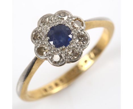 An 18ct gold sapphire and diamond cluster flowerhead ring, set with round-cut sapphire and single-cut diamonds, maker's marks