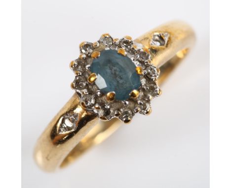 A 9ct gold sapphire and diamond cluster ring, set with oval mixed-cut sapphire and single-cut diamonds, setting height 9.2mm,