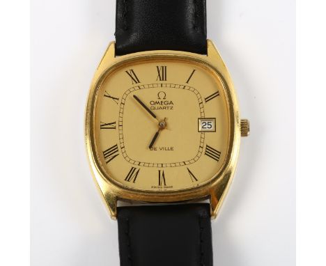 OMEGA - a gold plated stainless steel De Ville quartz wristwatch, ref. 192.0028, circa 1977, champagne dial with Roman numera