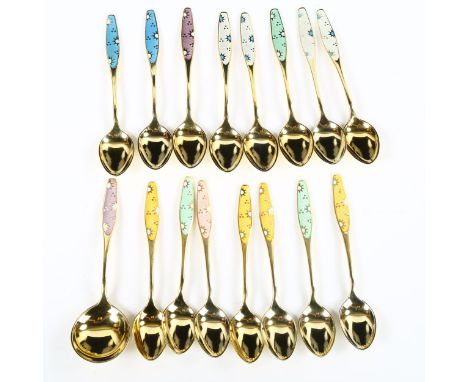 FRIGAST - a set of 15 Danish vermeil sterling silver and harlequin enamel sunburst coffee spoons, and a matching preserve spo