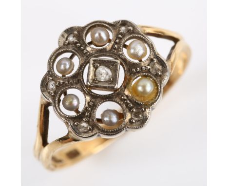 An early 20th century Scandinavian 14ct gold pearl and diamond openwork ring, setting height 13.6mm, size O, 2.9g1 pearl surr