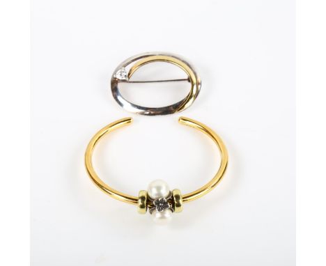 2 pieces of Danish silver jewellery, comprising 18ct gold on vermeil sterling silver pearl bangle, and silver stone set brooc