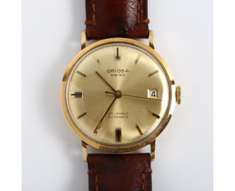 ORIOSA - a 9ct gold automatic wristwatch, champagne dial with baton hour markers, sweep centre seconds hand and date aperture