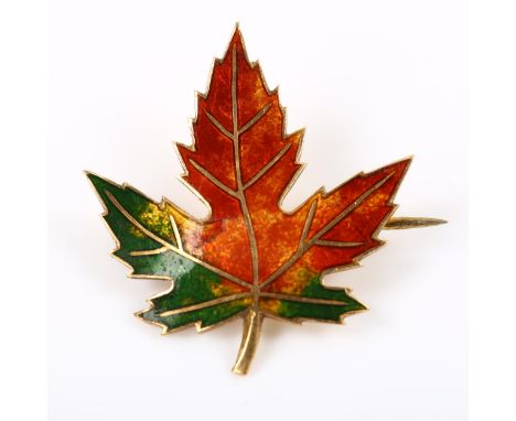 A Continental 18ct gold enamel maple leaf brooch, brooch height 27mm, 3.2gEnamel has a few light surface chips but no major l