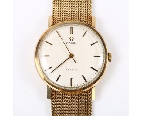 OMEGA - a Vintage 9ct gold Geneve mechanical bracelet watch, ref. 131.501.6, circa 1970, brushed silvered dial with gilt bato