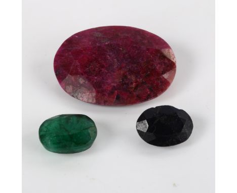 3 unmounted gemstones, comprising 8.4ct sapphire, 42.87ct ruby, and 8.81ct emerald, all with GLI report card (3)Lot sold as s