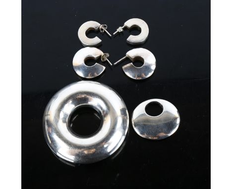 A group of Danish sterling silver modernist jewellery, comprising 2 x pendants by Jens Johs Aagaard, and 2 pairs of hoop earr