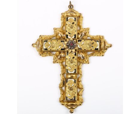 A large Victorian pinchbeck enamel floral cross pendant, with relief embossed rose decoration, pendant height excluding bale 