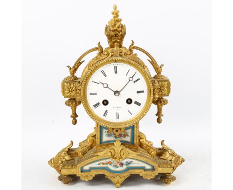 HENRY MARC OF PARIS - a French ormolu 8-day mantel clock, white enamel dial with Roman numeral hour markers, moon hands and o