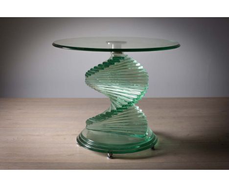 A CUT GLASS CIRCULAR OCCASIONAL TABLE, with winding stepped column support, on a circular base, 60cm (diameter) x 50cm (h)
