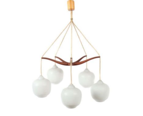 A TEAK PENDANT LIGHT, DANISH, 1960s, with perspex globular shades