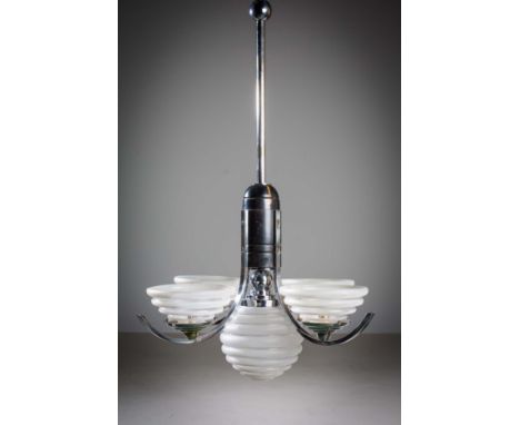 A CHROME HANGING CENTRE LIGHT, ITALIAN, 1960s, with globular stepped shades