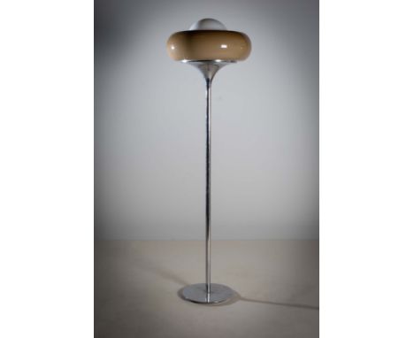 A HARVEY GUZZINI STYLE STANDARD LAMP, ITALIAN, 1970's, the milk glass globe set in a perspex shade, on chrome support, 170cm 