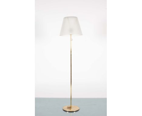 A GILT METAL STANDARD LAMP, ITALIAN, 1970s, with moulded glass shade, on a circular base, 160cm high
