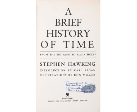 Hawking (Stephen) A Brief History of Time, signed with author's thumb-print and with ink inscription reading "Thumb-print of 