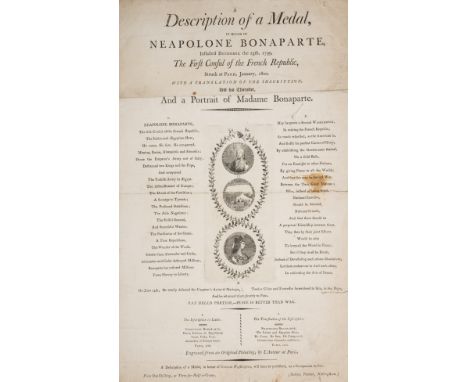 Broadside.- Napoleon.- Description of a Medal (A), in honor of Neapolone Bonaparte ... the First Consul of the French Republi