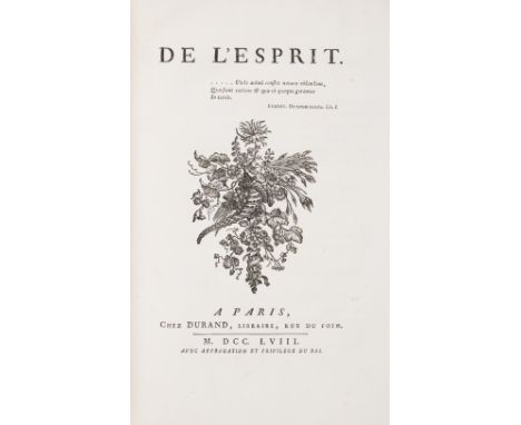 Cornerstone of French Enlightenment Philosophy.- Helvetius (Claude Adrien) De l'Esprit, true first issue "A" of the suppresse