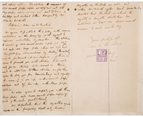 Wilde (Oscar) and Aubrey Beardsley.- Contract letters, agreed and signed by Wilde and Beardsley with publishers Elkin Mathews