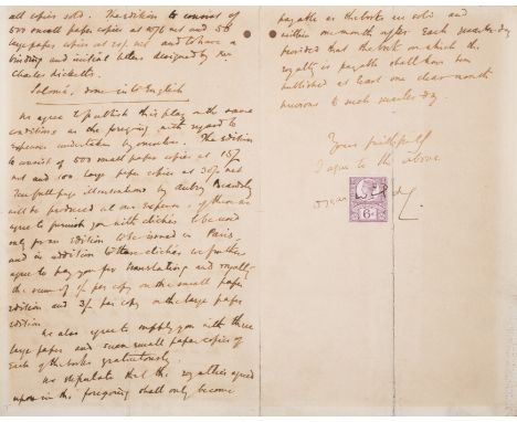 Wilde (Oscar) and Aubrey Beardsley.- Contract letters, agreed and signed by Wilde and Beardsley with publishers Elkin Mathews