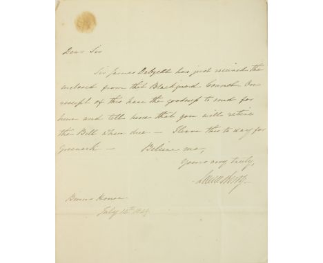 With curt comment on Daniel O'ConnellQueensberry (C. Douglas, Marquess of) A brief letter dated 14 July, 1829, addressed to W