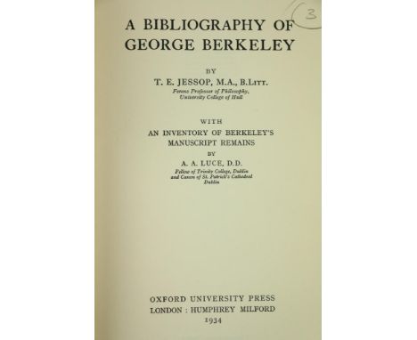 Association Copies [Berkeley] Jessop (T.E.) A Bibliography of George Berkeley, with An Inventory of Berkeley's Manuscript Rem