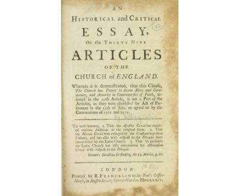 [Collins (Anthony)] An Historical and Critical Essay on the Thirty Nine Articles of the Church of Rome, 8vo L. 1724. First Ed