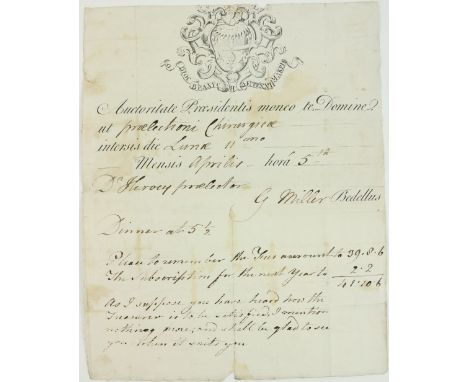 Medical interest:  Manuscript Page, 29cms x 23cms,  printed text in Latin, with MS additions in English.  Invitation to a Dr 