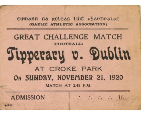 A Dark Day in GAA & Irish History'Bloody Sunday' Ticket  An original Admission Ticket to Croke Park, Great Challenge Match (F