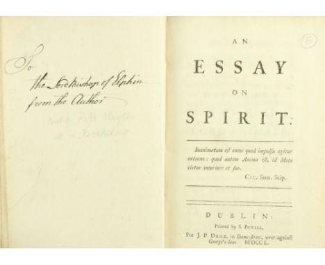 Very Rare Presentation Copy[Clayton (Bishop Robert)] An Essay on Spirit, 8vo D. (S. Powell, for J.P. Droz,..) 1750. First Edn