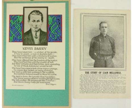 Kevin Barry and Liam MellowsKevin Barry. A memorial poem by Brian O'Higgins, with printed portrait in colour printed Celtic d