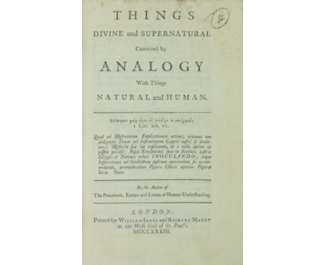[Brown (Bishop Peter)] Things Divine and Supernatural Conceived by Analogy with Things Natural and Human, 8vo L. 1733. First 