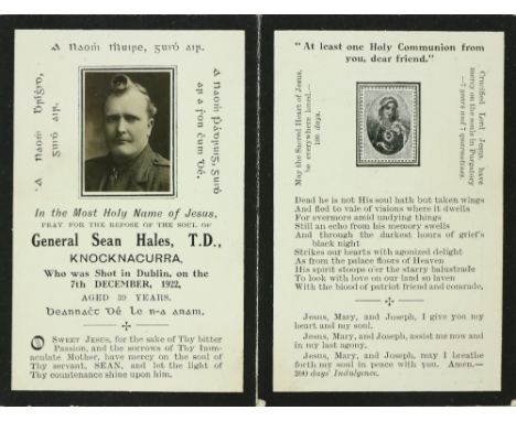 Memorial Card: "Pray for .. General Sean Hales, T.D., Knocknacurra, who was shot in Dublin on the 7th December 1922, aged 39 