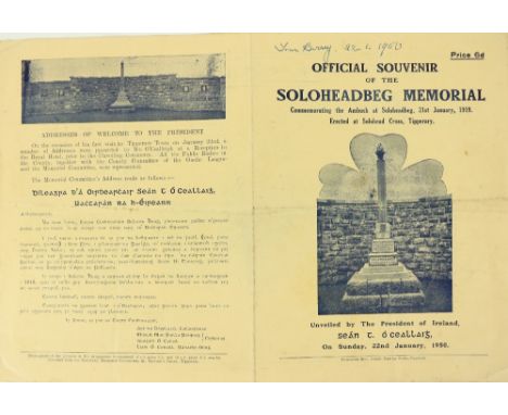 Signed by Tom BarrySoloheadbeg Memorial  Official Souvenir of unveiling of memorial commemorating the Ambush  at Soloheadbeg,
