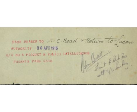 Dublin Metropolitan Police A cyclostyled and manuscript Pass dated 30 April 1916, allowing bearer (unnamed) to pass to N.C. R