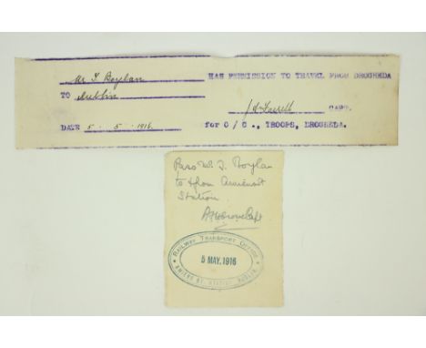 Co. Meath, 1916: A cyclostyled Pass with manuscript entries, authorising Mr. T. Boylan [Hilltown] to travel from Drogheda to 