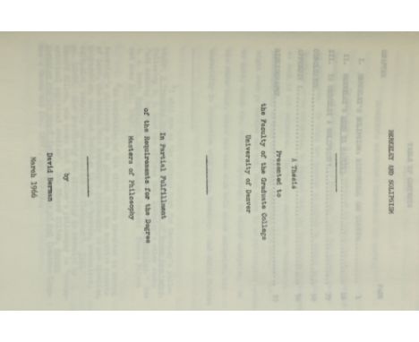 Berman (David) Berkeley and Solipsism, A Thesis Presented to the Faculty of the Graduate College, University of Denver. In Pa