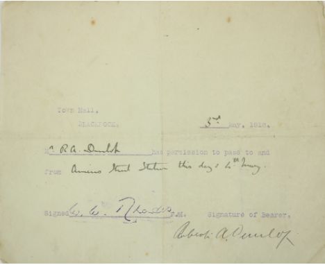 1916 Travel Permit: A cyclostyled Travel Permit, with manuscript details, issued to Mr. R.A. Dunlop, from Town Hall, Blackroc