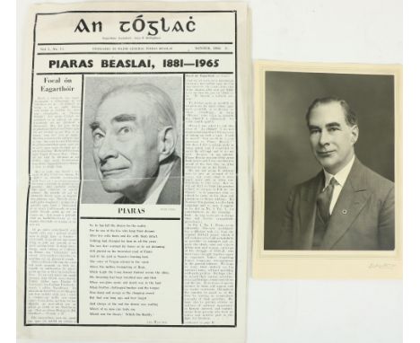Piaras Beaslai: A fine portrait photograph by Lafayette showing Piaras in middle age, head and shoulders, wearing a Fainne, a