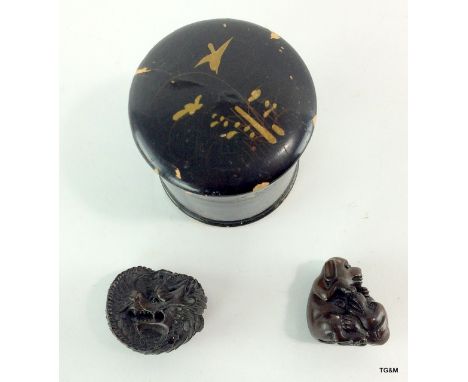 2 well carved Netsuke both signed to the base and a lacquer and gilt powder pot 