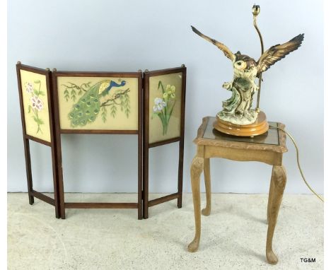 Embroidered fire screen, small lamp table and owl lamp