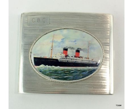 Silver card case with enamel image of a cruise ship