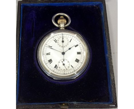 A Solid Silver Button Chronograph Pocket Watch Fully hallmarked. Swiss made. 50mm Dia in fitted box
