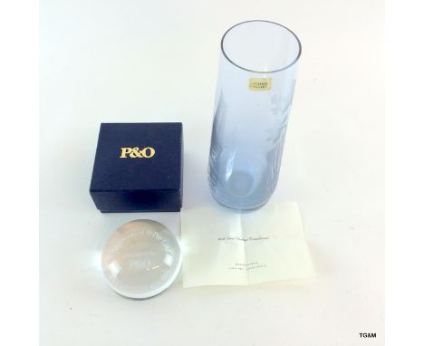 P & O glass paper weight depicting the 50th anniversary landings and a Caithness etched vase decorated with Daffodils 23cm ta