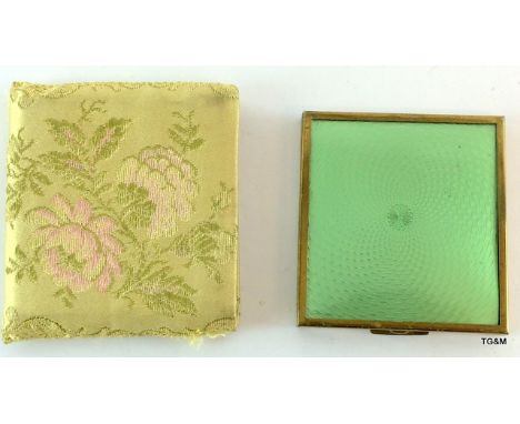 1950's enamelled ladies compact with engine turned enamel, clear mirror powder compartment in fabric case