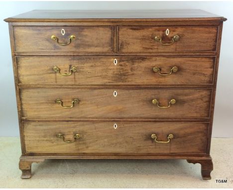 Georgian mahogany chesty of drawers on bracket feet with brass handles and ivory escutcheons 2 over 3 and inlaid top 110 x 13