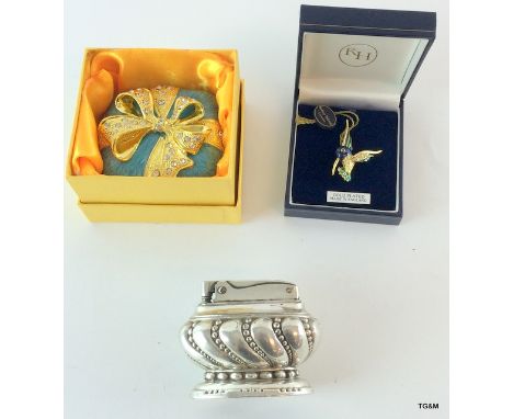Ronson silver plated lighter, enamel trinket box and gold plated brooch by Rodney Holman