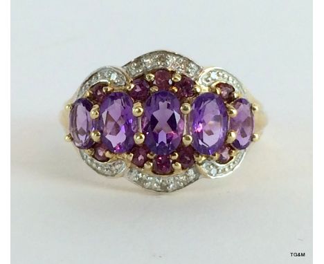 9ct gold amethyst, diamond and ruby ring size Q